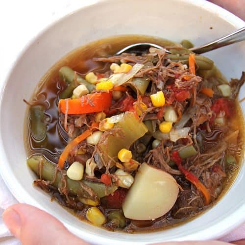 Vegetable Beef Soup is a stick-to-your-ribs kind of soup, combining a slow-cooked roast with tons of fresh veggies. Perfect for chilly nights! | suebeehomemaker.com