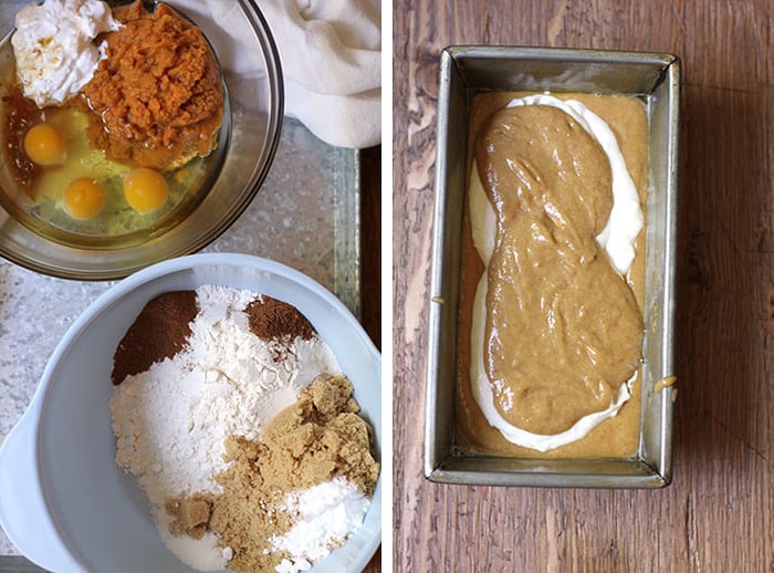Process shots of 1) Two mixing bowls on a gray tray with wet ingredients and dry ingredients, and 2) a loaf pan showing the layered raw ingredients of pumpkin and cream cheese, on a wooden background.