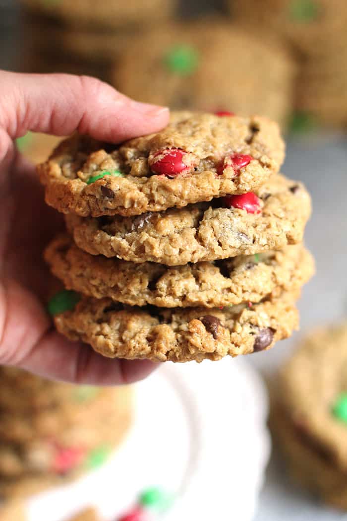 M&M Monster Cookies are loaded with chocolate chips, M&Ms, peanut butter, and oatmeal. So tasty and simple to make. You can also change up the mix-ins! | suebeehomemaker.com