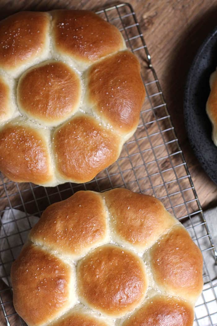 Overhead shot of homemade dinner rolls, two loafs of 7 rolls each, on a wire rack.