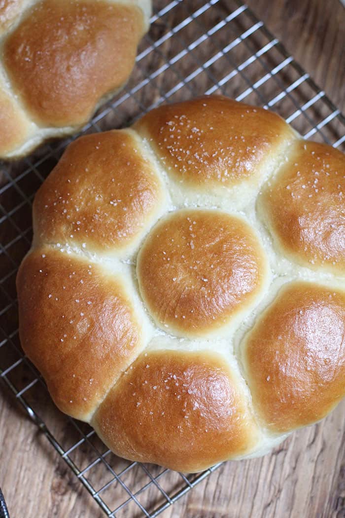 Overhead shot of homemade dinner rolls, in a loaf of 7 rolls, on a wire rack.