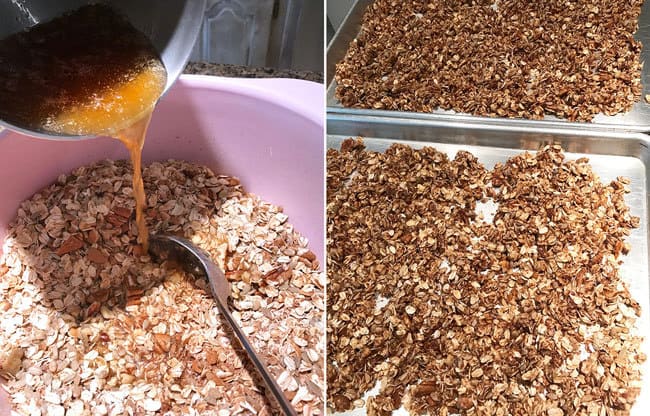 Overhead process shots of 1) the wet mixture being poured into the dry ingredients, and 2) the granola laid out in two baking sheets.