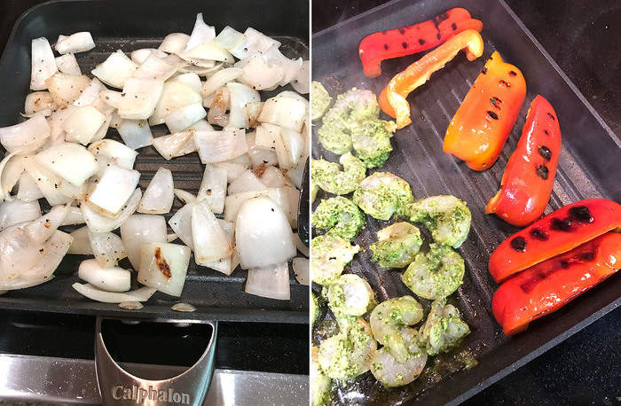 Collage of grilling the veggies and shrimp.