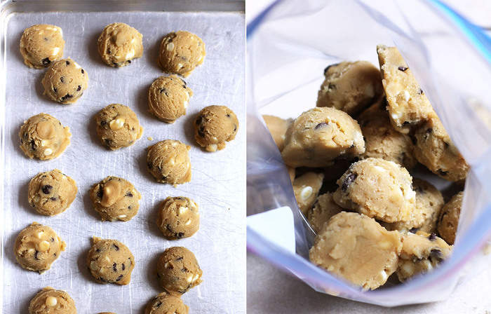 Collage of 1) the cookie dough balls on a baking sheet, and 2) the cookie balls in a freezer bag.