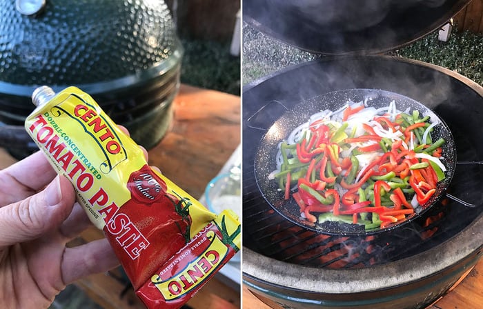 Collage of 1) some tomato paste in a tube, and 2) a pan of cooked peppers and onions on a grill.