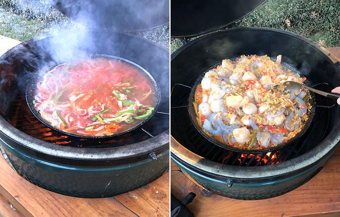 Collage of the process of cooking paella on a grill.