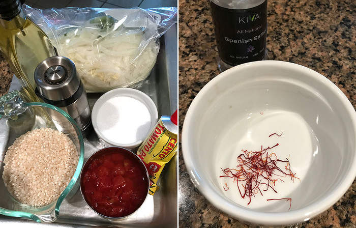 Collage of 1) the paella ingredients, and 2) a bowl with a pinch of saffron.