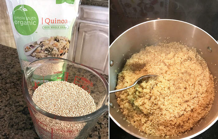 Collage of raw quinoa and cooked quinoa.