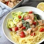 Baked Parmesan Shrimp Bowls are "healthified" as the shrimp are baked, not fried, and zucchini noodles are subbed in for half of the pasta noodles! | suebeehomemaker.com