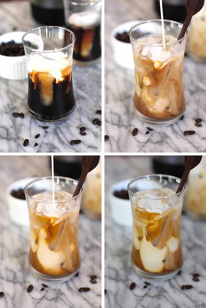 Collage of the cold brew coffee and the milk being added.
