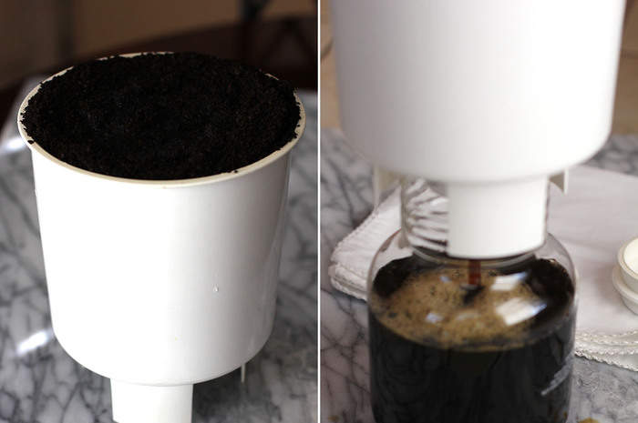 Collage of the coffee grounds and then the straining of the grounds.