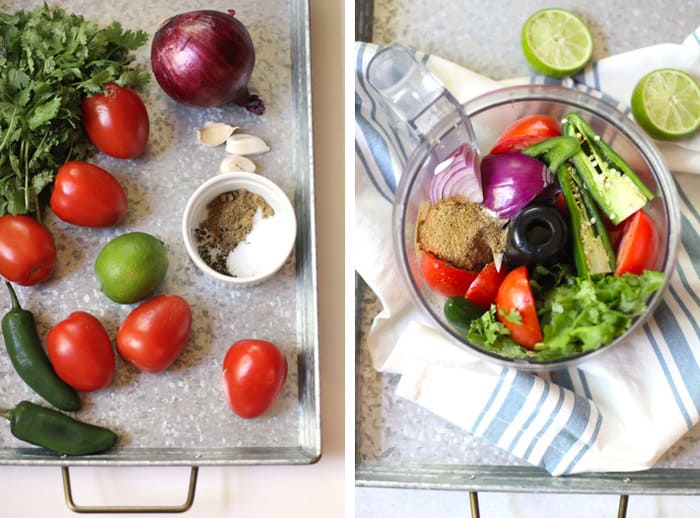 Collage of 1) the tomatoes, jalapeño, onion, cilantro and spices, and 2) the food processor filled with the ingredients.