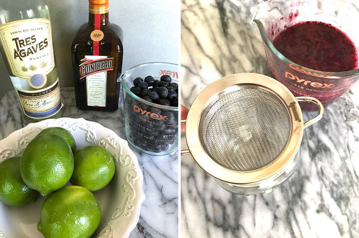 Collage of the ingredients for the blueberry lime margaritas.