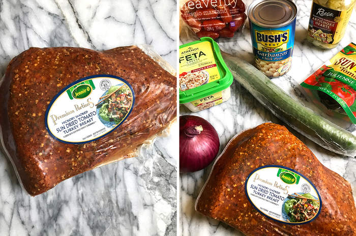 Collage of ingredients for traditional Greek salad.