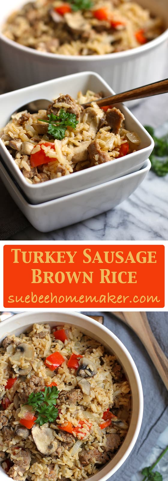 Side shot of a square serving bowl of turkey sausage brown rice, with a fork inside.