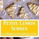 Collage of petite lemon scones with icing.