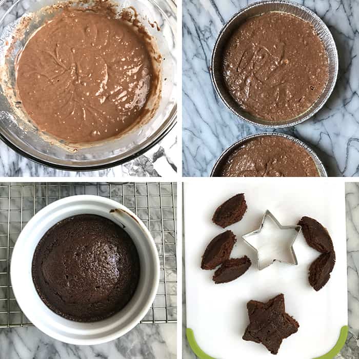 Collage of the batter, the batter in cake pans, the mini cake, and the star cutout.