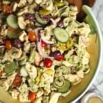 A large bowl of Greek Tortellini Pasta Salad