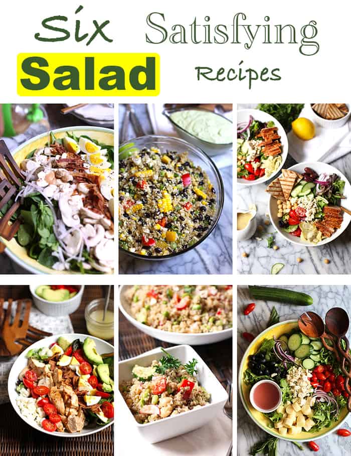 The following six salad recipes are not only satisfying; they are delicious, colorful, tangy, and healthy! Leave the oven off on warm summer days and enjoy! | suebeehomemaker.com