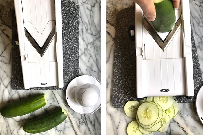 Collage of slicing the cucumbers using a mandolin slicer.