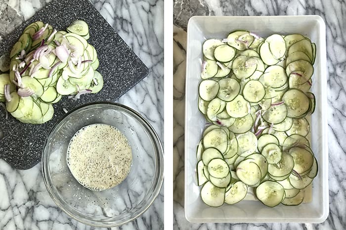 Process shots of the dressing and finished cucumbers.