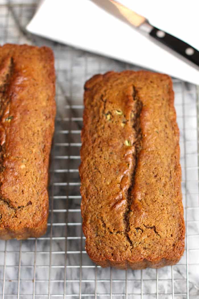 Two loafs of zucchini cinnamon bread.