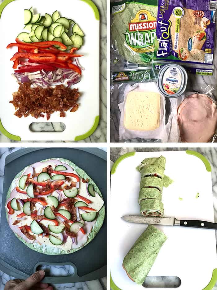 Collage of the ingredients and process for making turkey club roll ups.