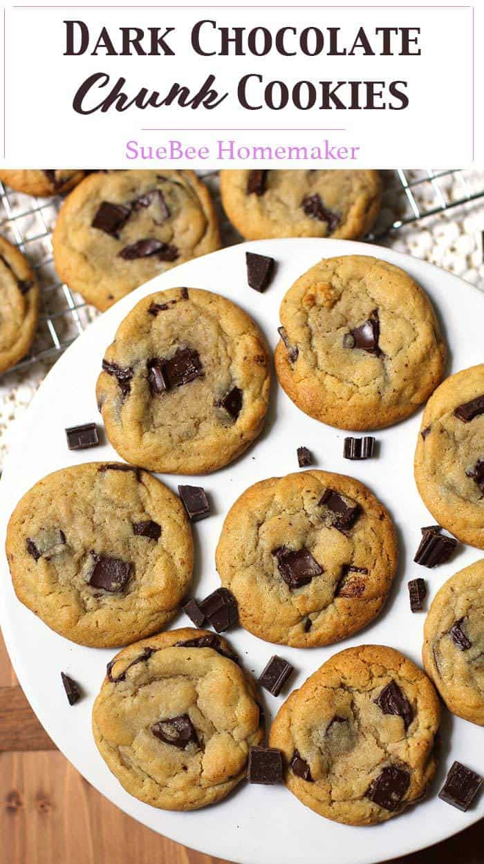 A round white plate full of dark chocolate chunk cookies.