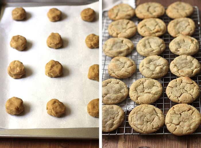 Process shots of 1) peanut butter cookie balls on a baking sheet, and 2) baked peanut butter cookies on a wire cooling rack.