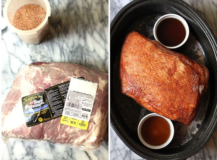 Overhead process shots of 1) a raw pork shoulder and a container of spice run on a white and gray background, and 2) a large roaster with a cooked pulled pork, and two white ramekins beside it.