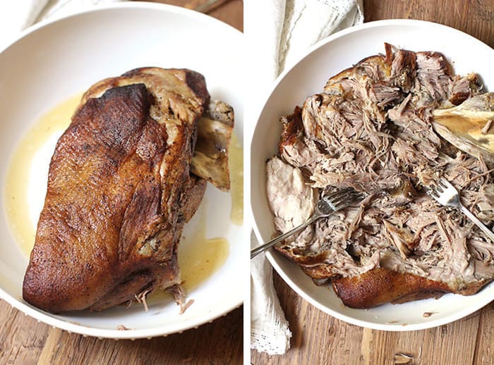 Overhead process shots of 1) a cooked pork shoulder in a large white bowl, and 2) the shredded pork shoulder in a large white bowl.