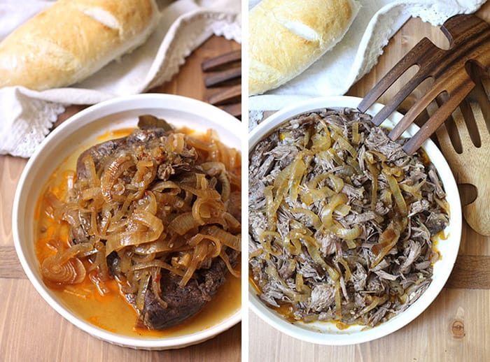 Overhead process shots of 1) the whole beef roast in a white shallow bowl, with lots of onions on top, on a wooden background, and 2) shredded beef with onions in a shallow white bowl on a wooden background.