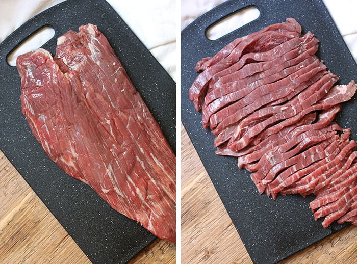 Two shots of flank steak, one uncut, one cut into thin slices, on a black cutting board.