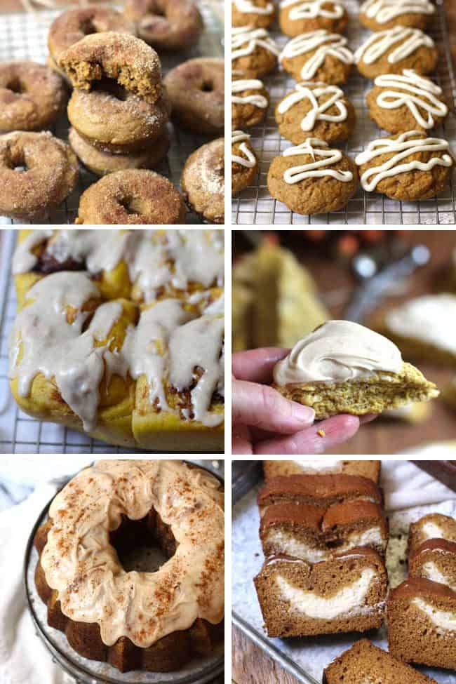 A collage of pumpkin treats - pumpkin donuts, pumpkin cookies, pumpkin cinnamon rolls, iced pumpkin scone, iced pumpkin bundt cake, cream cheese pumpkin bread.