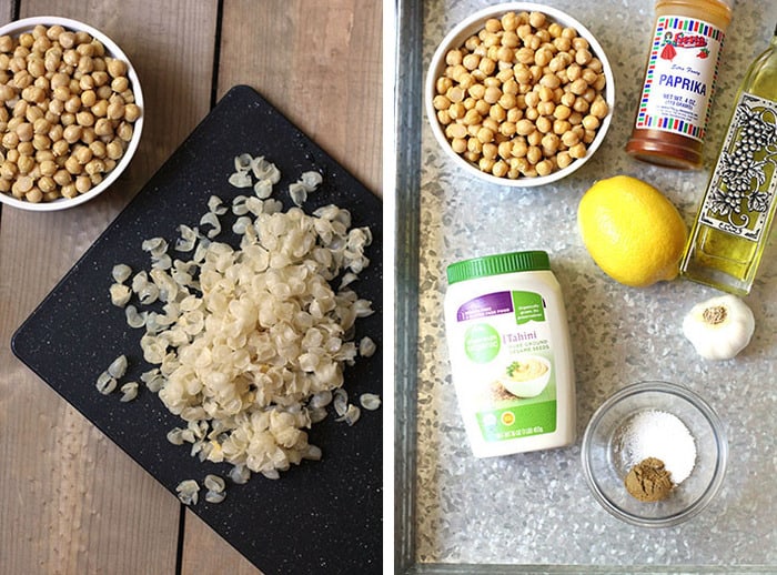 Collage of 1) the skins of the chickpeas removed and 2) the ingredients for the hummus.