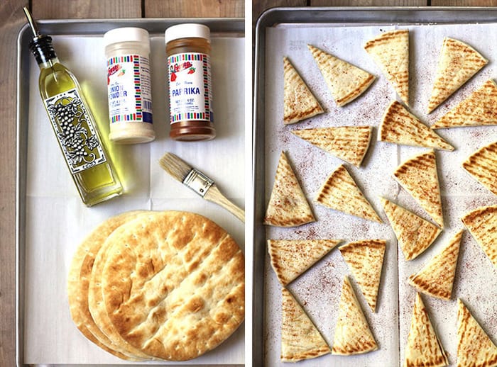 Collage of 1) the pita chips ingredients and 2) the pita chips on a baking sheet.