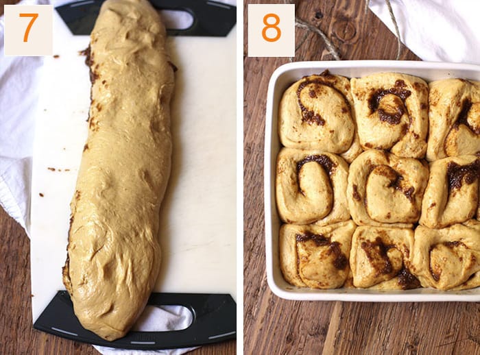 Overhead shots of 1) The pumpkin cinnamon roll dough rolled up in a long log, and 2) the dough in rolls placed in a white square dish.