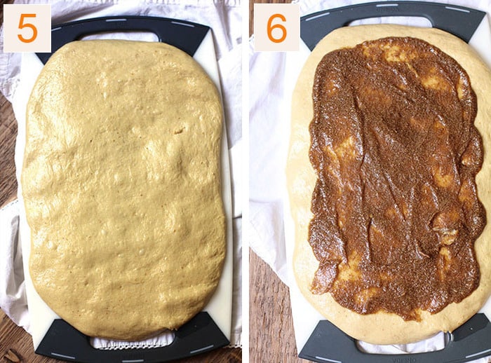 Overhead process shots of 1) The pumpkin cinnamon rolls ought flattened out in a rectangle on a white cutting board, and 2) the pressed dough with the pumpkin spice mixture spread on top.
