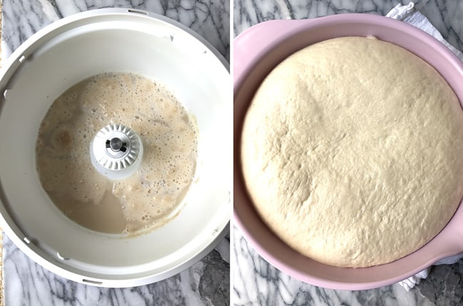 Collage of the bubbly yeast and then the cinnamon roll after rising.