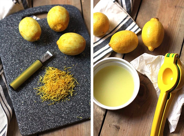 Collage of lemons being zested and juiced.