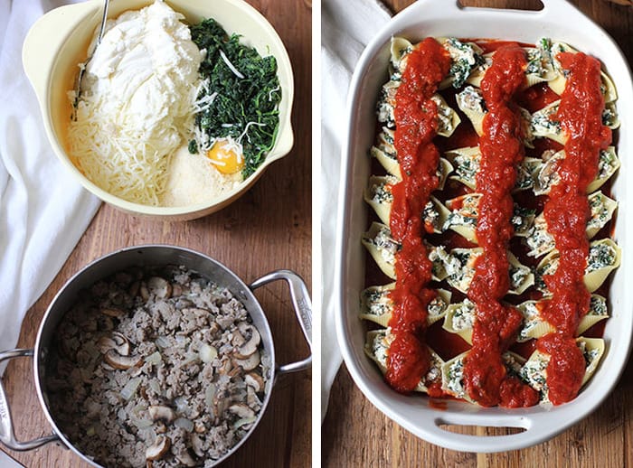 Collage of 1) the ingredients, and 2) the casserole before baking.