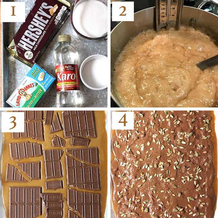 Overhead process shots of 1) the toffee ingredients on a gray tray, 2) the toffee mixture boiling in a pan with a candy thermometer attached, 3) the toffee mixture in a baking sheet with chocolate bars on top, and 4) the finished toffee, sprinkled with nuts.