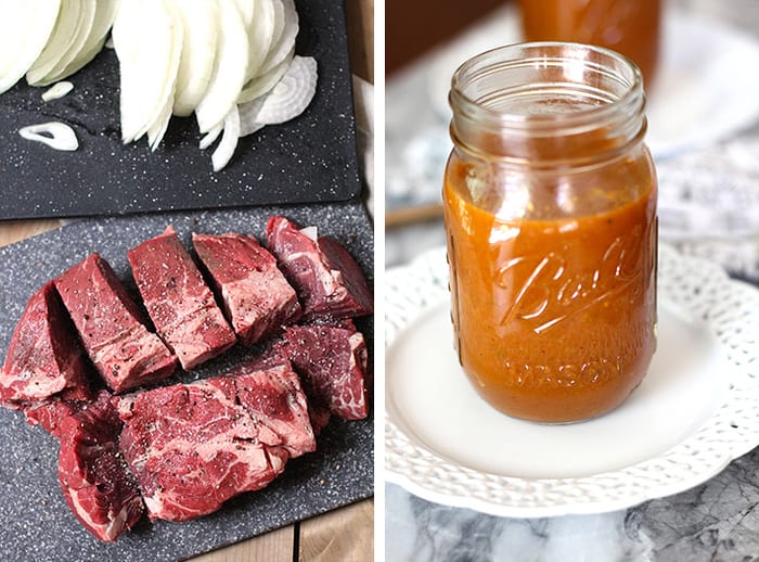 Collage of the beef and onions, and then the homemade enchilada sauce.