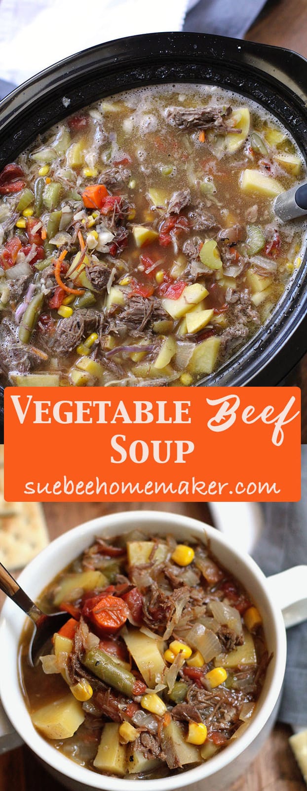 Slow cooker filled with vegetable beef soup.