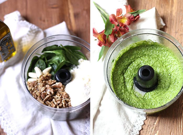 Collage of 1) the ingredients for the pesto and 2) the finished pesto sauce in the food processor.