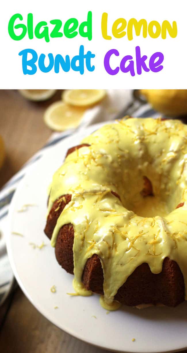 A lemon bundt cake on a white cake plate.