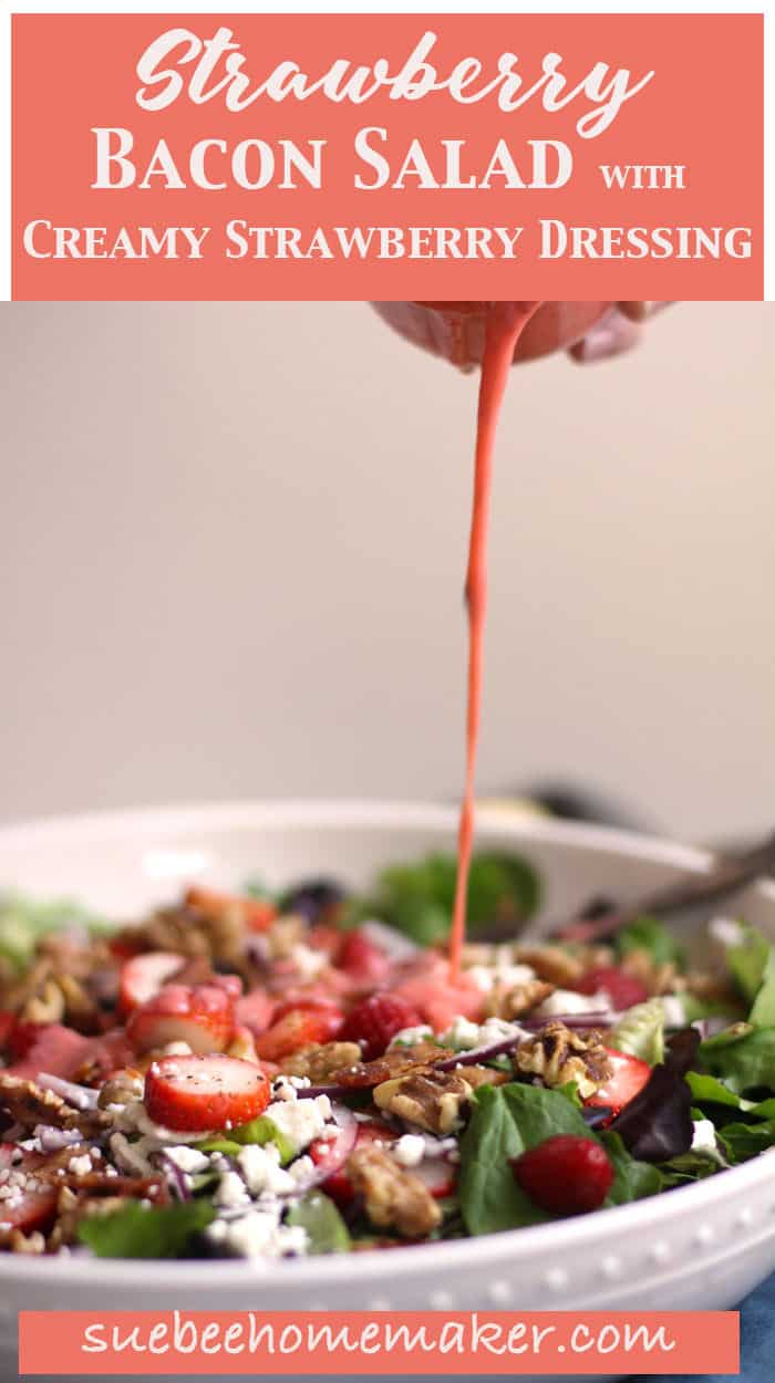 A drizzle of strawberry dressing over a strawberry bacon salad.