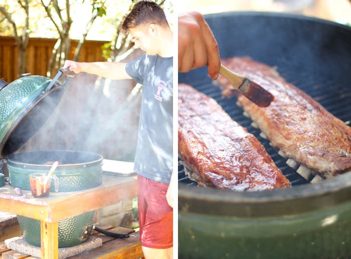 Collage of 1) my son cooking the ribs, and 2) brushing the sauce on the ribs.
