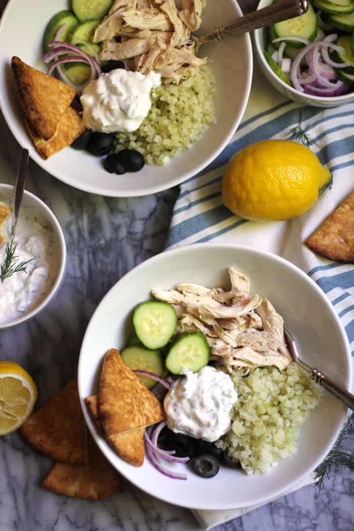 Greek Cauliflower Rice Bowls with Chicken - SueBee Homemaker