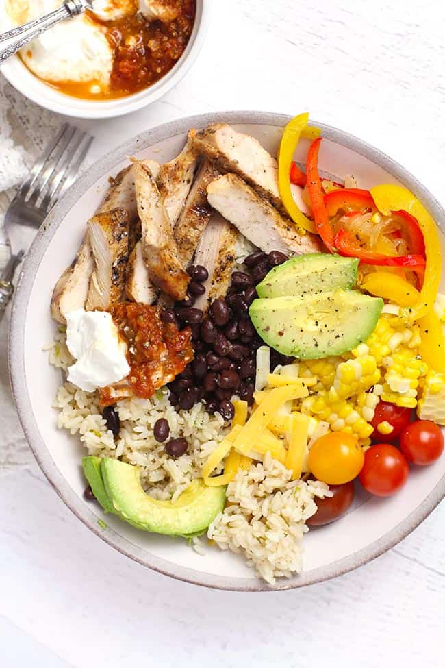 A bowl of grilled chicken burrito bowls.